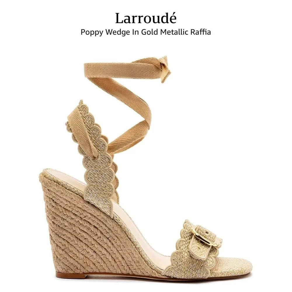Larroude Beige Espadrille Wedge Sandals with Ankle Tie